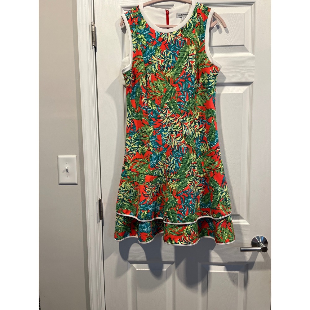 Shelby & Palmer Tropical Floral Ruffle Hem Sleeveless Shift Dress Red Green 10